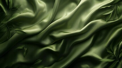 Obraz premium Silk satin fabric in khaki green and brown shows graceful folds, enhanced by delicate green leaves, capturing a serene, natural beauty