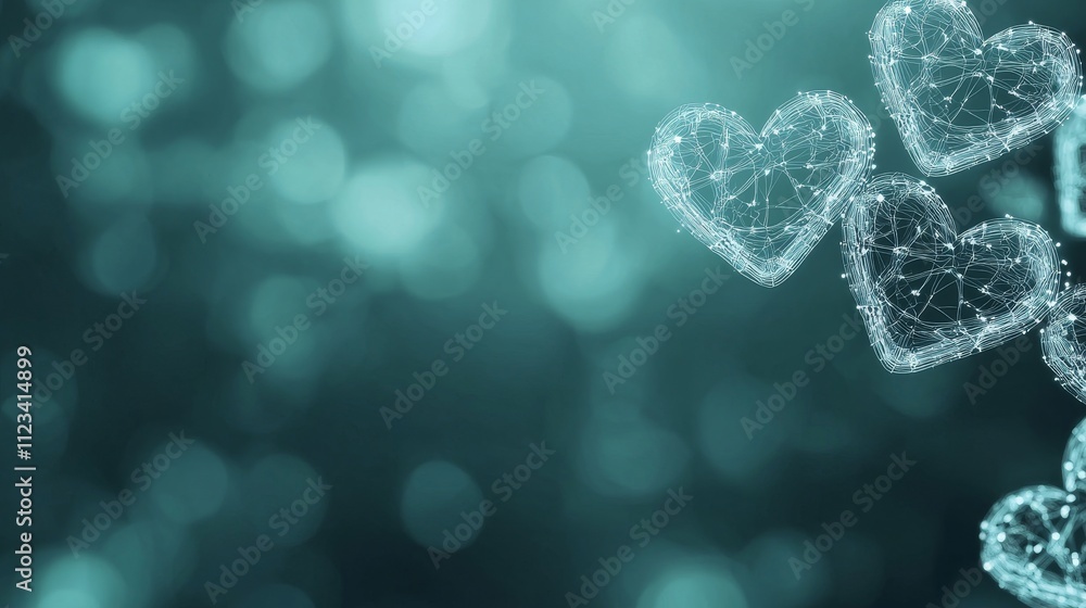 Poster abstract digital art of glowing wireframe hearts with sparkling bokeh background for romantic or cel