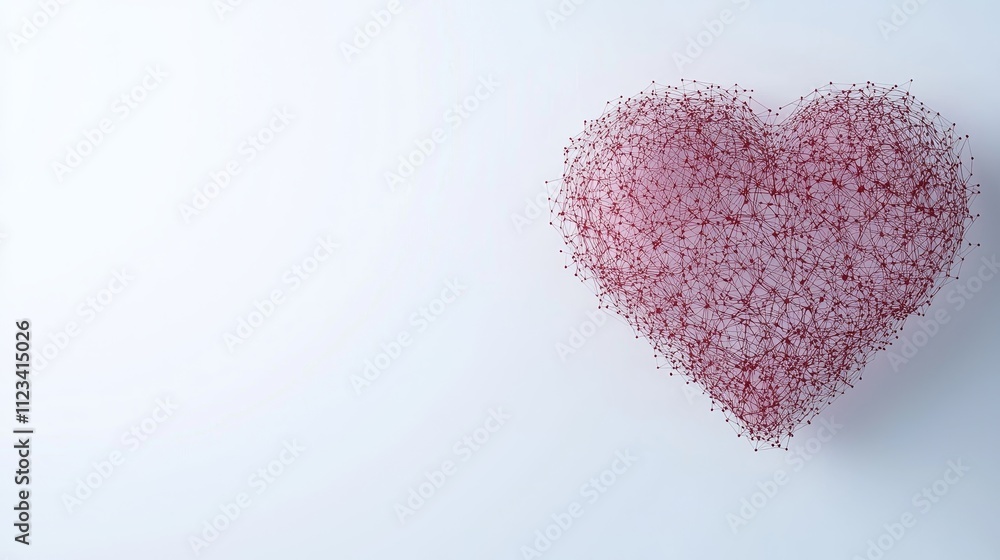 Poster abstract heart shape composed of interconnected lines and particles on a soft light background, symb