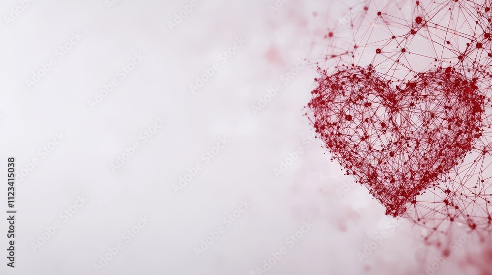 Poster abstract red heart shape made of connecting lines and dots on a light background for love and affect