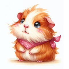 Naklejka premium Cute guinea pig with fluffy fur sitting against a plain background in a cozy indoor environment