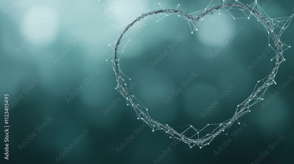 Poster abstract wireframe heart shape on soft green background with bokeh effect for love and romantic them