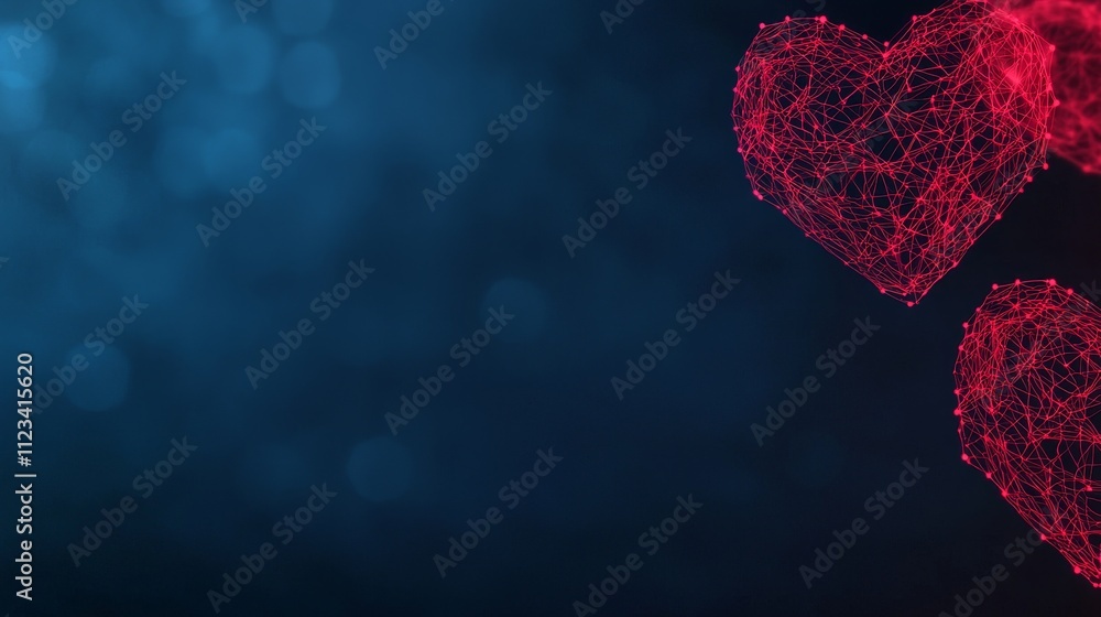Poster abstract red hearts created from lines and nodes against a dark gradient background with soft bokeh 