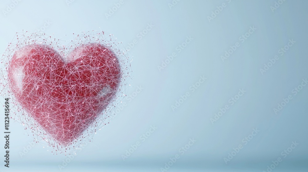 Poster abstract red heart shape with sparkling threads and light particles on a soft blue background