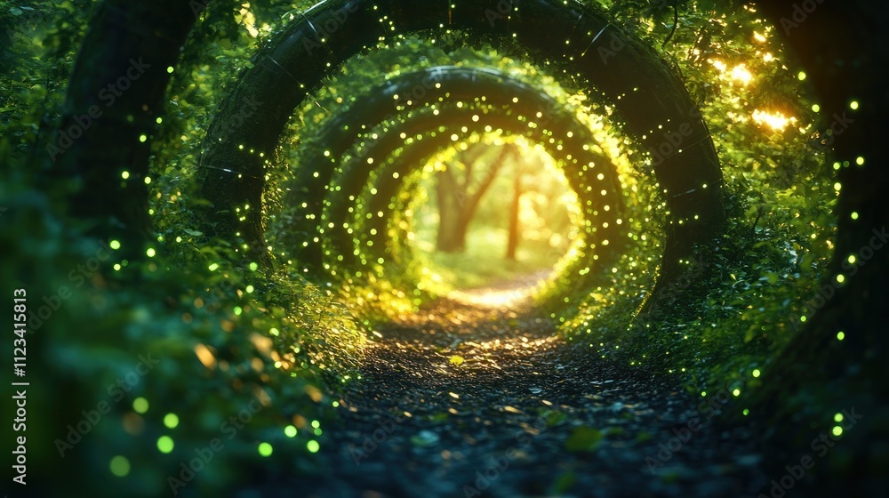 Poster serene pathway illuminated by glowing lights, creating a magical forest atmosphere.