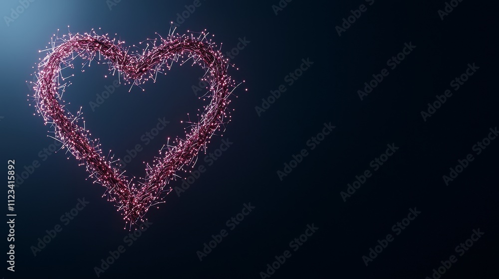 Poster abstract heart shape created with dots and lines on a dark background in a modern artistic style