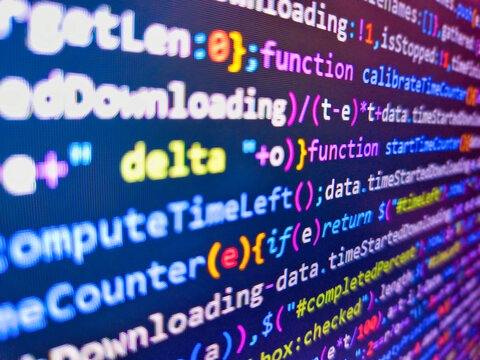 Computer source code in blue. Finance and economic graphs. Software code or script  abstract background with numbers. Monitor with stock data, closeup. Background of program code. Blue color.