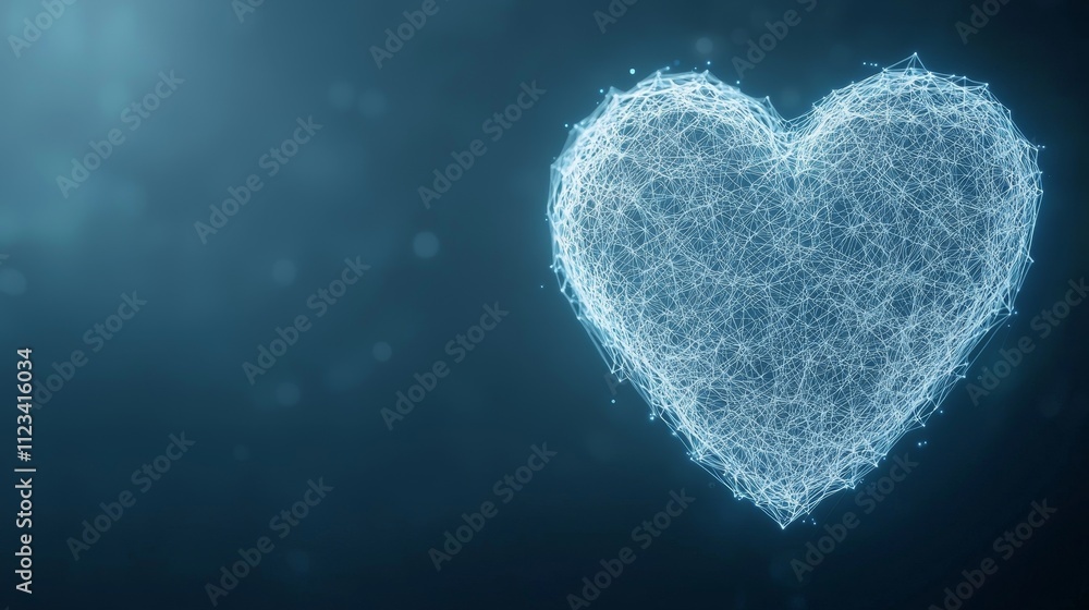 Poster heart shape made of wireframe lines and points on dark background for digital love and technology th