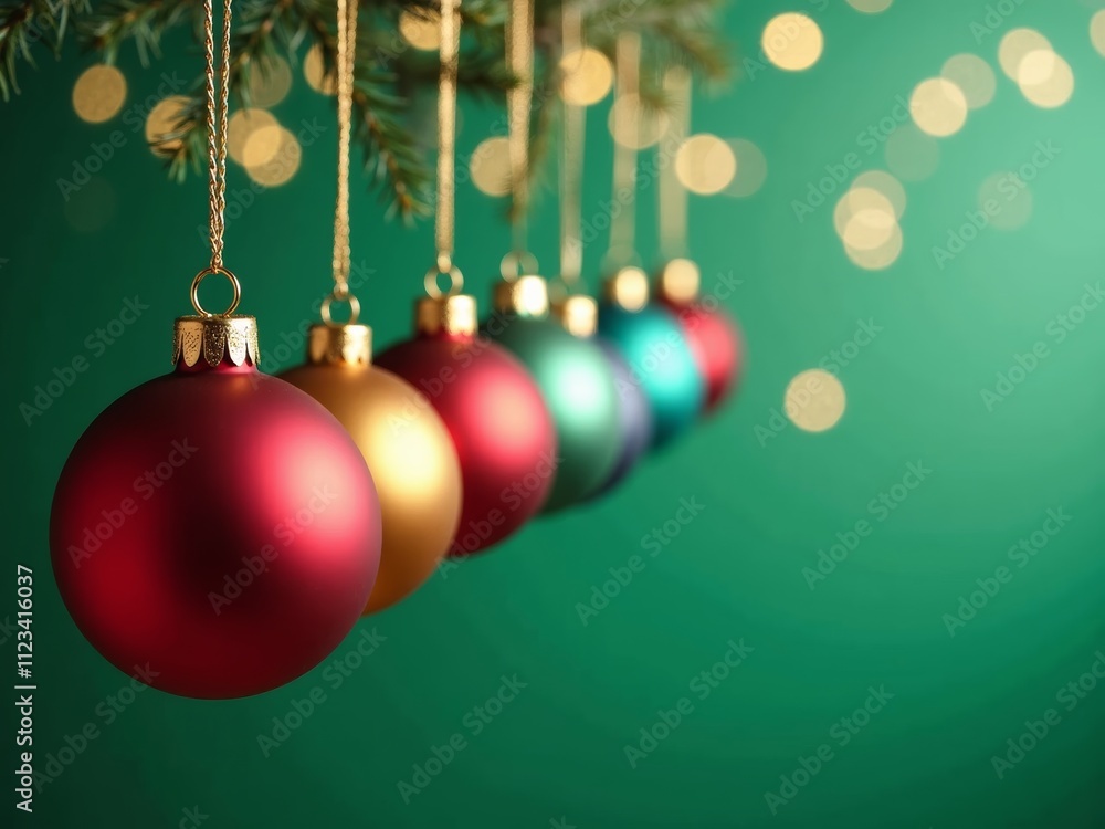 Poster colorful christmas ornaments hanging from a tree branch with a soft bokeh background during the holi