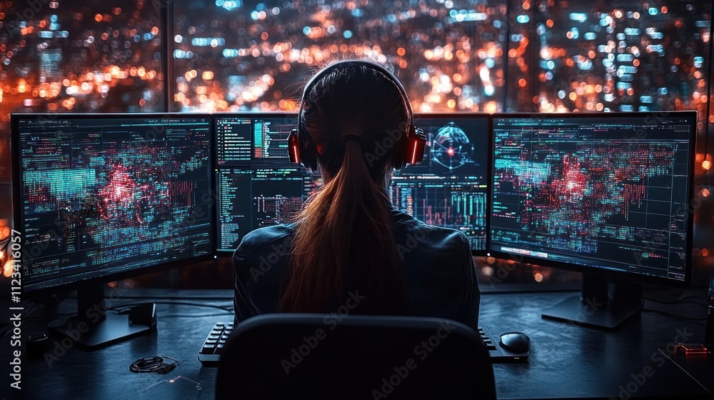 Poster person monitoring data on multiple screens at night