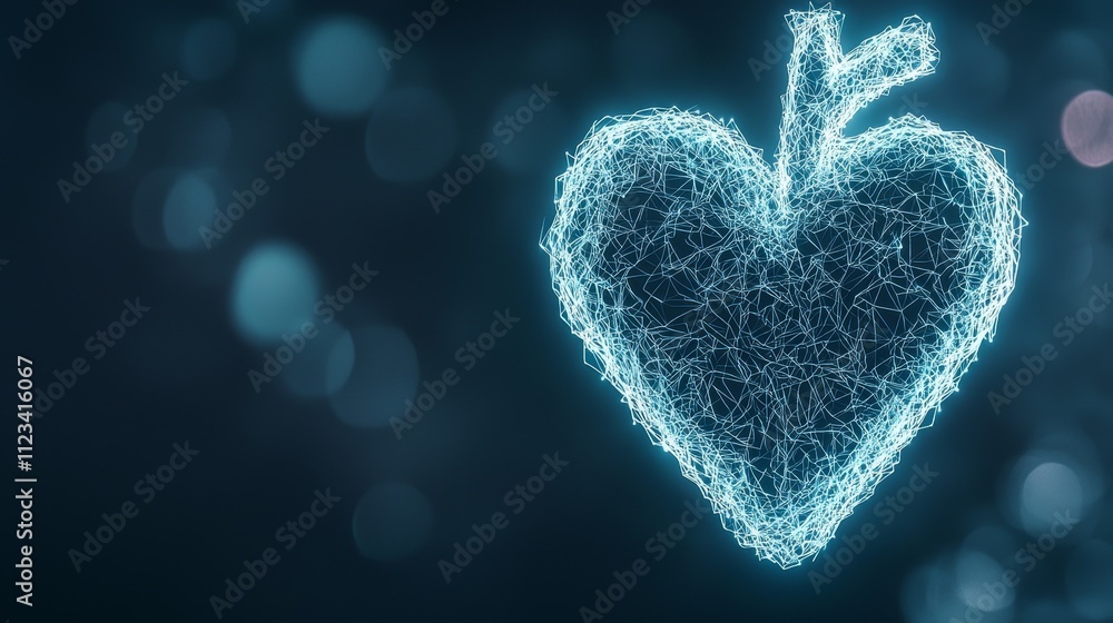 Poster illuminated heart shape formed by luminous lines on a dark background with a soft bokeh effect