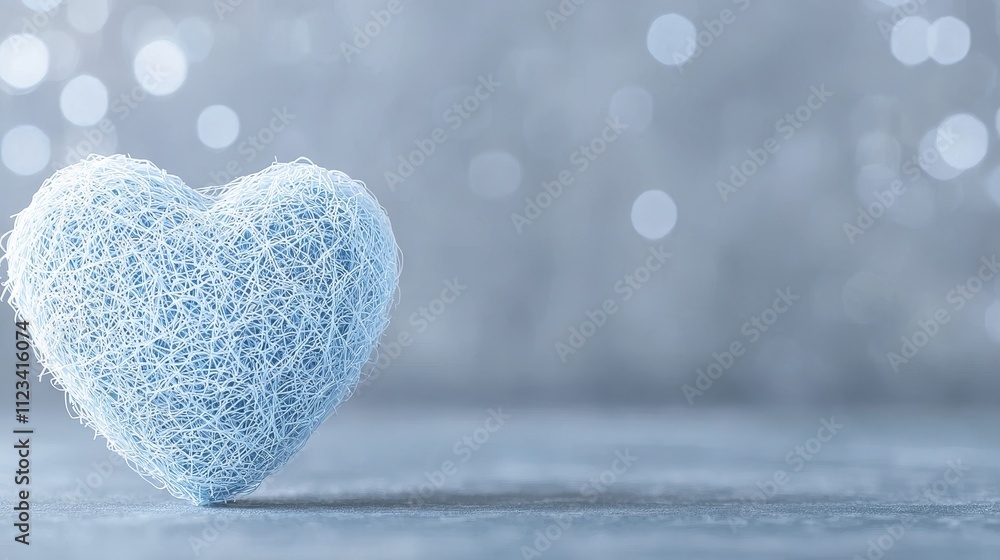 Poster soft blue heart shape made of twine on a light bokeh background for love and emotion themes