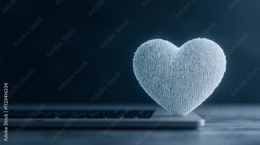 Poster soft white heart symbol placed on a laptop keyboard representing digital love and connection in a mo