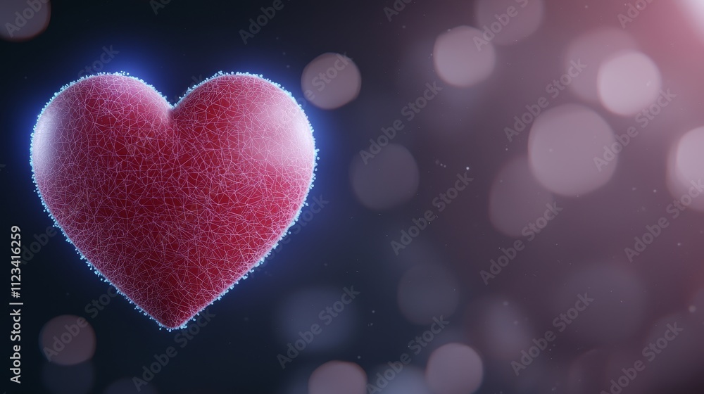 Poster 3d rendered sparkling heart design on a colorful bokeh background for love and romance themes