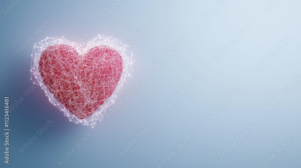 Poster abstract depiction of a heart made from glowing lines and nodes on a soft blue background