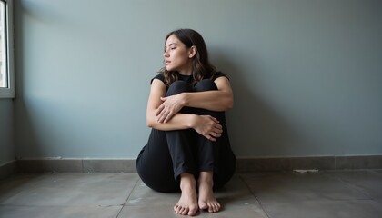 Person sitting on floor with back against wall, eyes closed, arms wrapped around knees