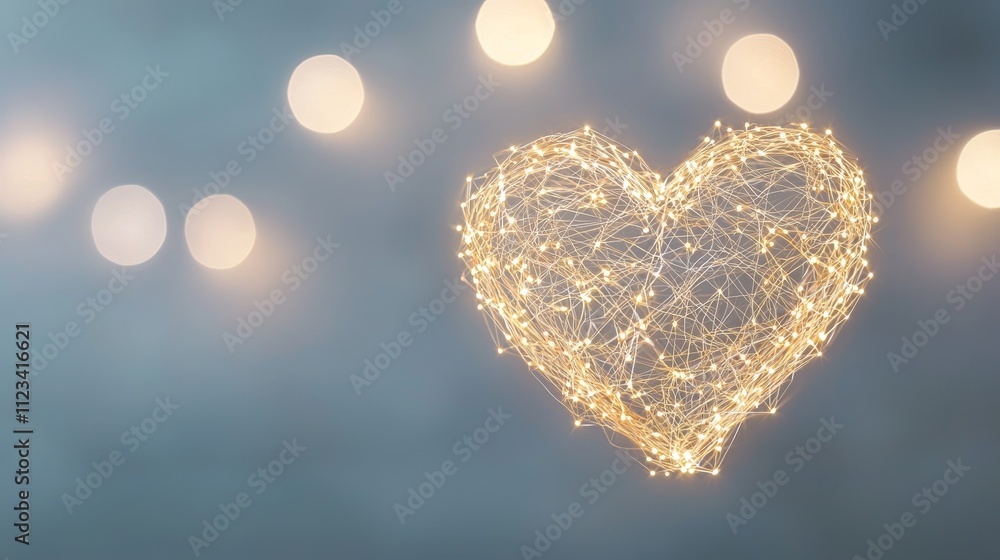 Poster shimmering heart shape created with string lights on a soft blue background, evoking warmth and love