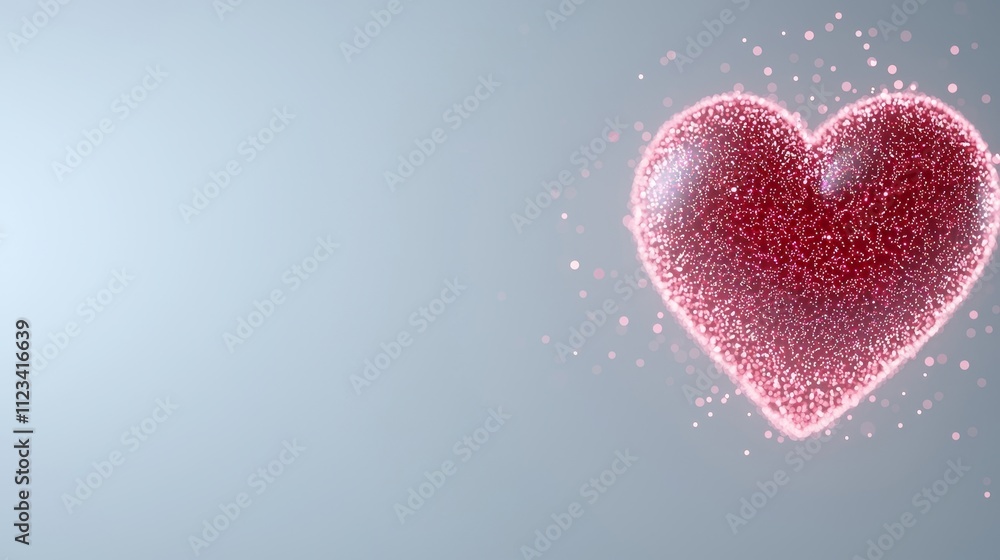 Poster sparkling heart shape floating in a dreamy background with soft glowing particles for romantic or va