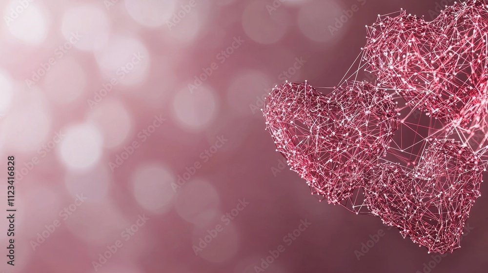 Poster abstract heart shape made of lines and dots against a soft pink blurred background with bright bokeh