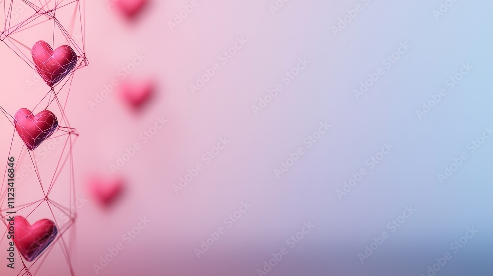 Poster heart shapes with network connections on a soft gradient background for romantic and emotional theme