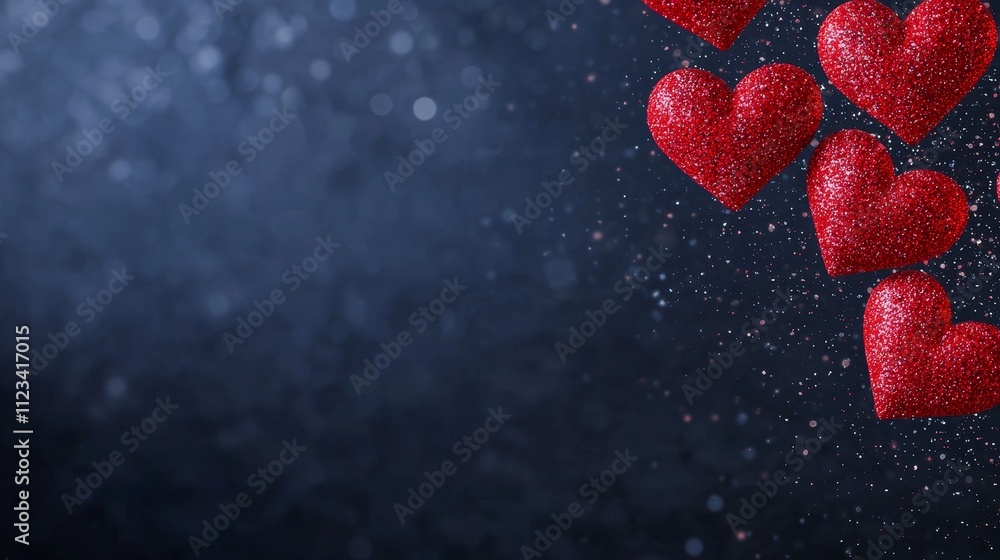 Poster sparkling red hearts falling against a dark background with a mystical bokeh effect for romantic the