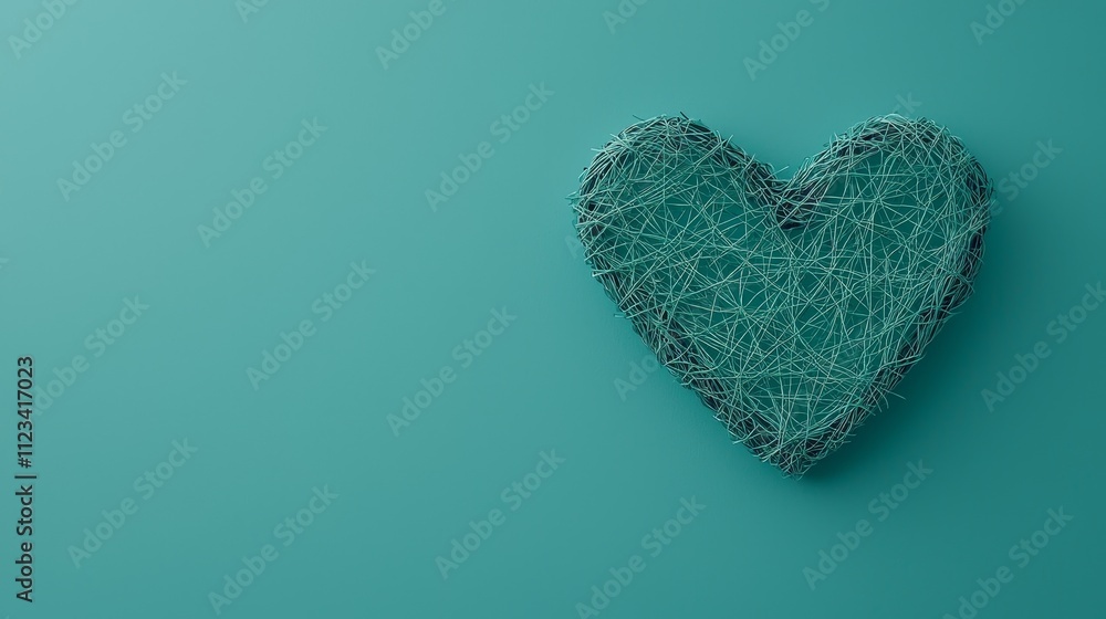 Poster abstract heart shape made from thin strings on a teal background, symbolizing love and connection in