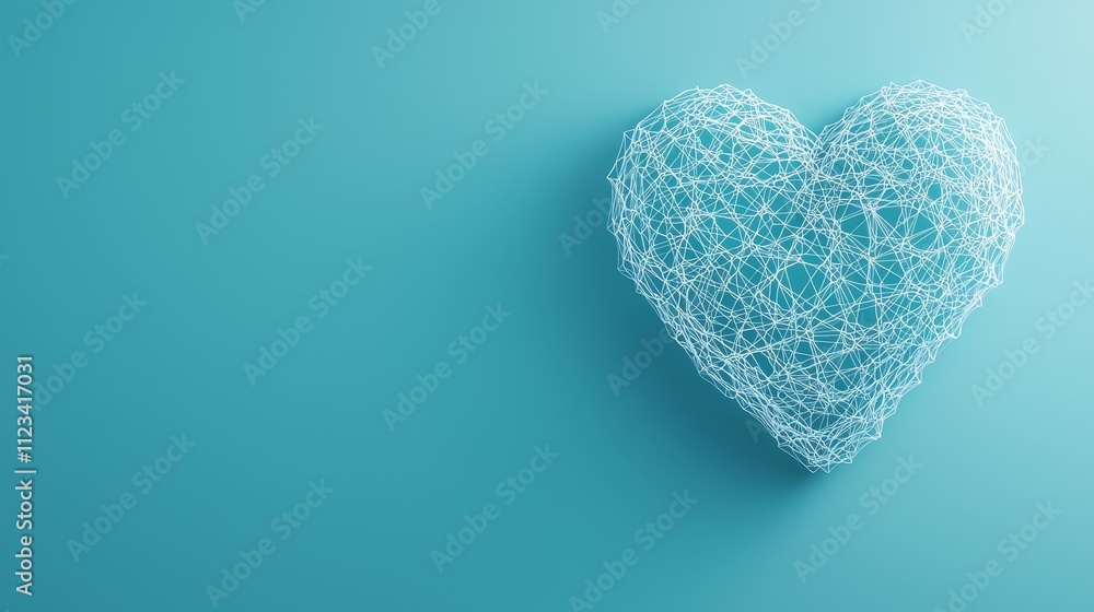 Poster abstract heart shape made of wireframe structure on calming turquoise background for creative projec