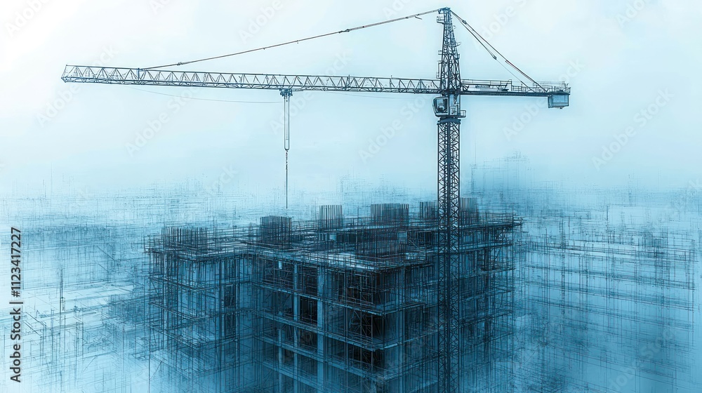Poster construction site with crane and scaffolding structures