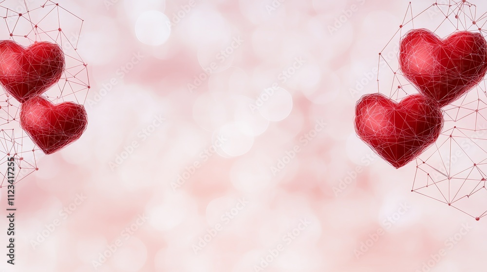 Poster abstract background of red hearts with geometric shapes on a soft blurred light bokeh for creative d
