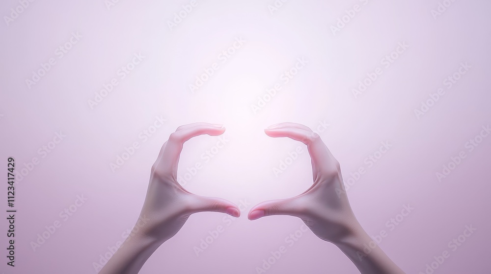 Poster hands shaping light in a gentle heart gesture against a soft pastel background of warmth and tranqui
