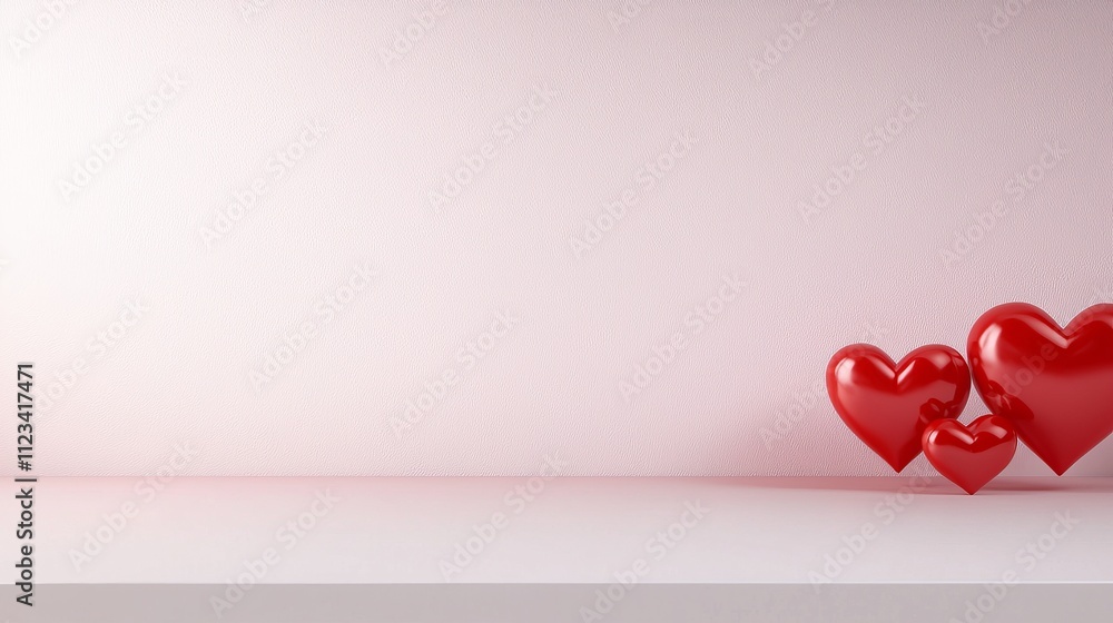 Aufkleber three glossy red hearts on a soft pink background with a minimalist design for romantic themes and c