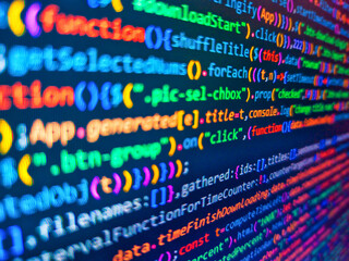 Color coding on screen. Blue unique background. Structured sql code on monitor. Binary code abstract pattern. Image of financial data over binary code on black background. Coding concept.