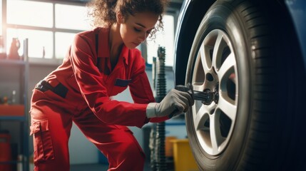 Confident female mechanic in a red jumpsuit with braided hair aligning a car tire on a balancing machine in a professional garage, showcasing precision and focus in automotive repair.