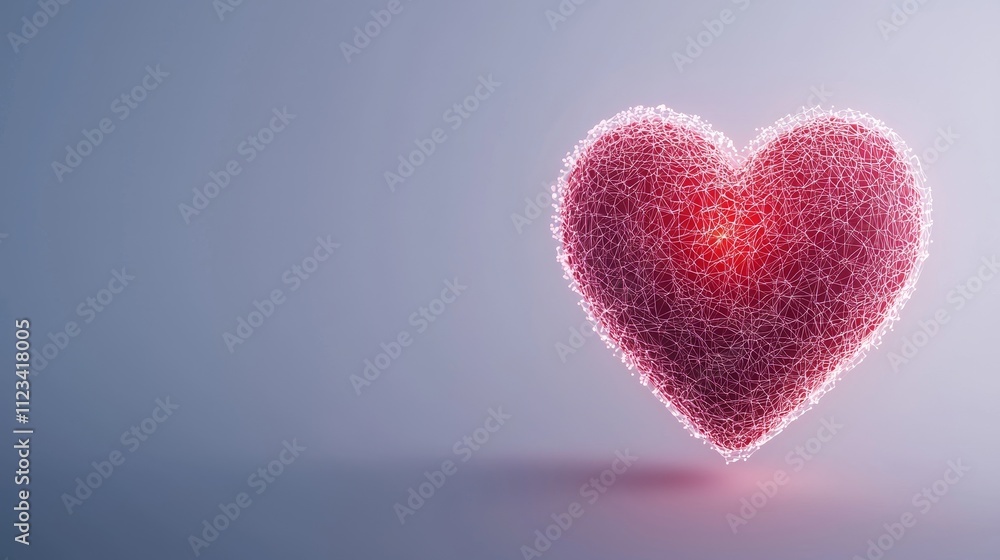 Poster intricate heart shape constructed with glowing strings on a soft grey background representing love a