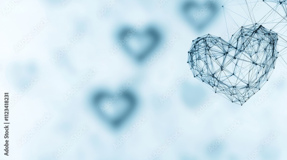 Poster abstract blue heart network in modern digital art style with soft background and floating heart shap