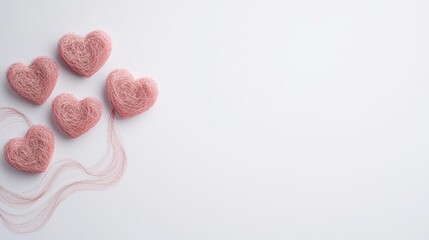 Fototapeta premium Delicate pink heart shapes made from yarn on a light background, perfect for Valentine's Day or love-themed designs
