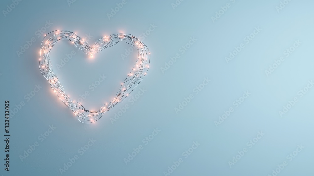 Poster heart shape made with warm light string on soft blue background perfect for romantic themes and crea