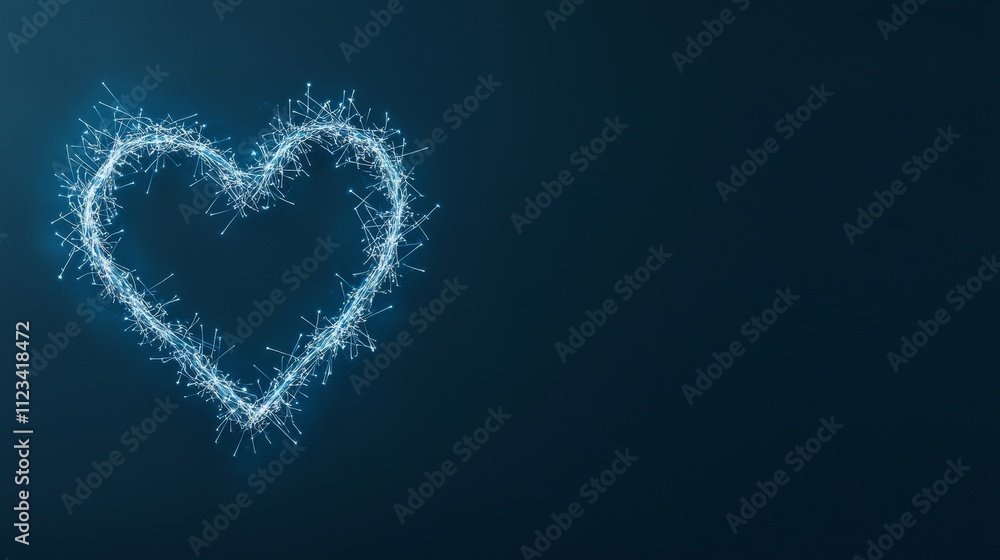 Poster glowing heart shape created with sparkling light particles on dark background for romantic themes an