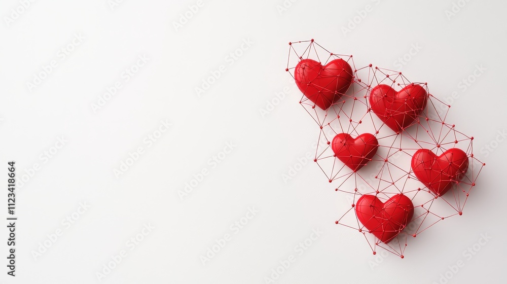 Poster interconnected red hearts with abstract network design representing love and connection on white bac
