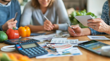 Cheerful family planning shopping with a list, coupons, and budget app at a kitchen table. Fresh produce and reusable bags reflect eco-conscious living. Warm, collaborative mood.