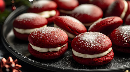 A tray of Christmas whoopie pies with red velvet shells and cream cheese filling dusted with edible glitter.