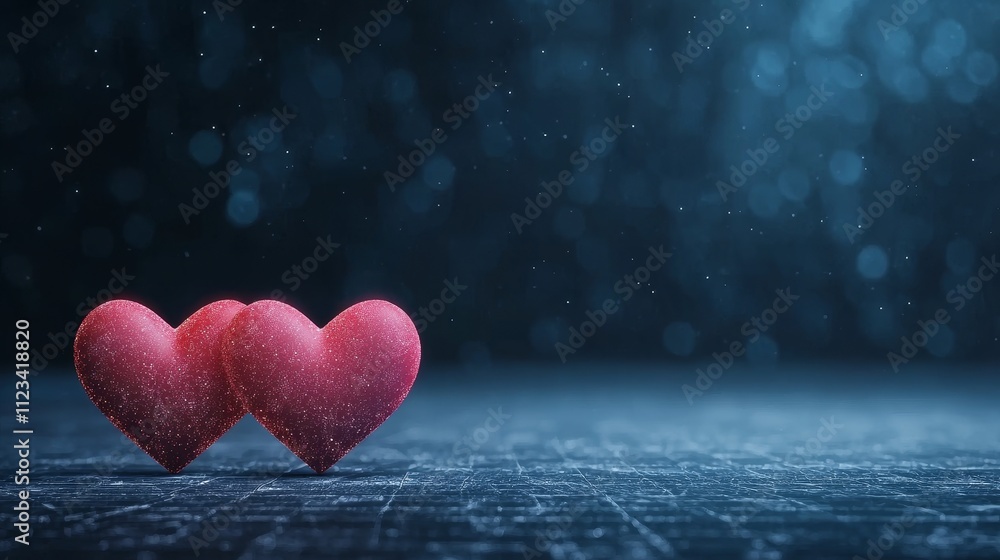 Poster two red hearts on a dark background with glittering texture and bokeh effect for romantic themes and