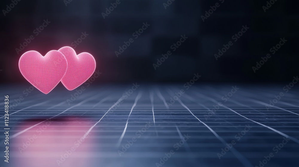 Poster two glowing pink hearts floating in a dark room with a subtle reflection on a grid floor