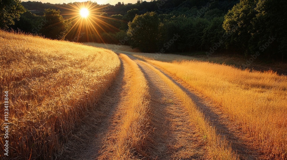 Poster long shadows stretch across the golden wheat field as the summer sun sets, casting a warm glow on th