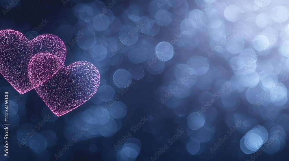 Poster glittering hearts on a bokeh background with soft light and colorful sparkle for romantic concept an