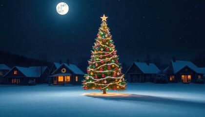 Obraz premium christmas tree in front of the house. beautiful christmas tree on christmas eve in front of the house