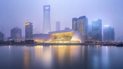 Illuminated modern building by waterfront, skyscrapers, city sky