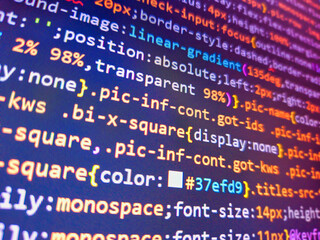 Software development monitor. Elearning concept with internet related words. Developer display with...
