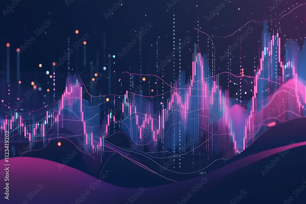 Poster abstract financial data visualization with vibrant colors and dynamic lines.