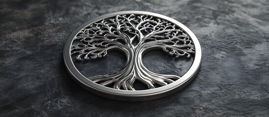 Elegant 3D render of a silver Yggdrasil tree with metallic finish on dark grey. Circular badge design, high contrast, and soft shadows. Ultra HD.